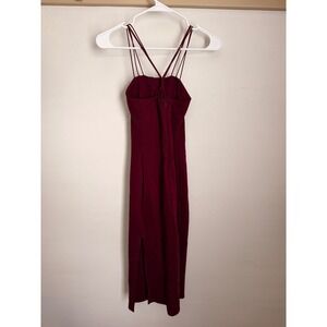 Burgundy Multi Strap Square Neck Bodycon Midi Dress Side Slit Wine Red Formal